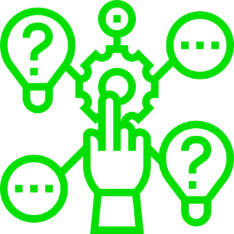 Hand interacting with gears and question marks.