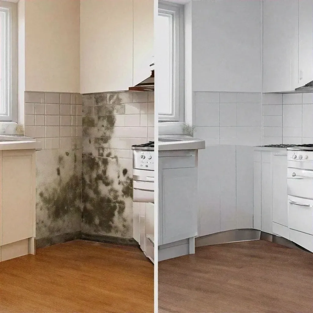 Kitchen renovation before and after mold removal.